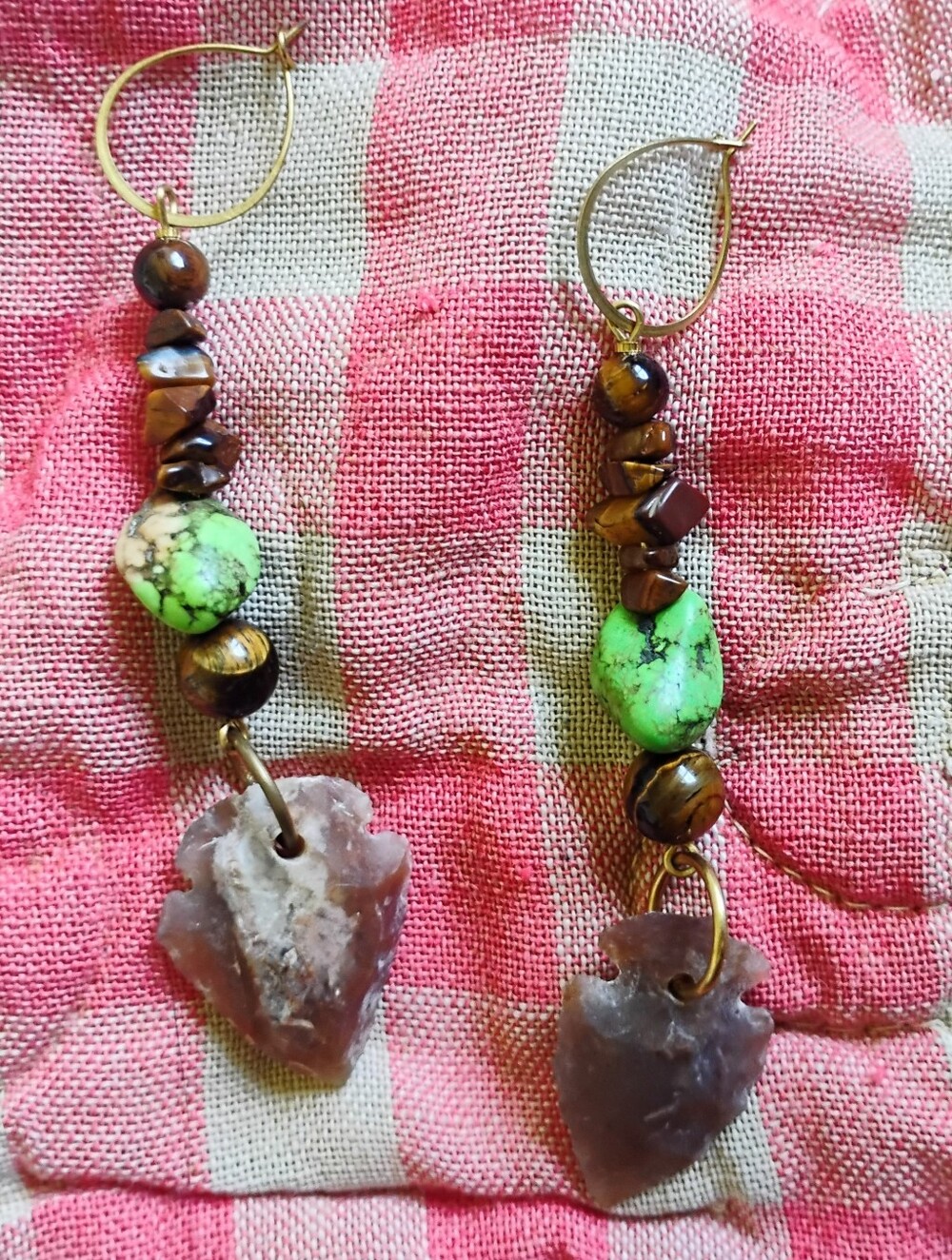 Tiger Eye + Green Turquoise Arrowhead Statement Earrings